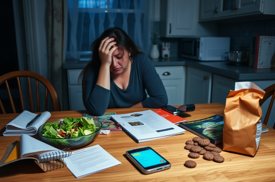 woman sits at kitchen table late at night looking frustrated