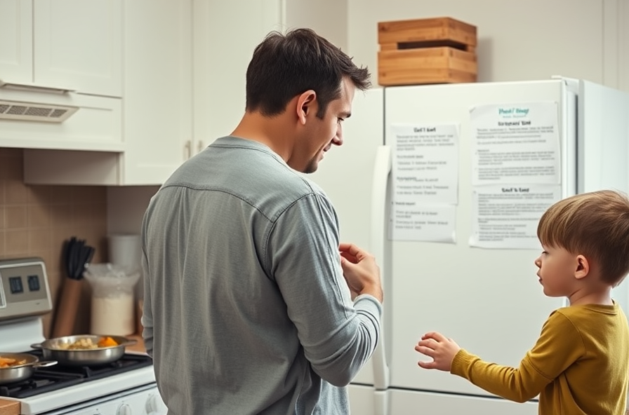 man in kitchen cooking with diet rules on fridge and child nearby