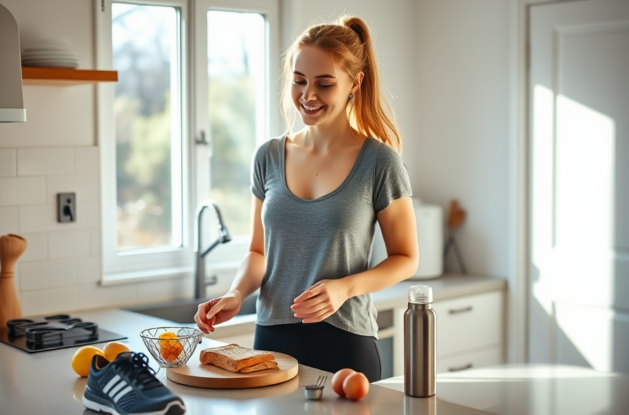 woman smiles making simple breakfast with fruit on sunny morning