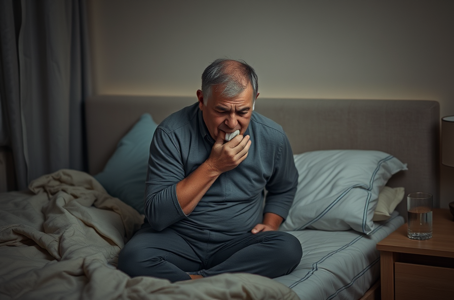 person coughing on bed holding tissue in dim bedroom