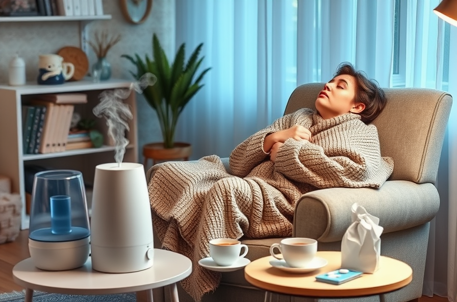 person resting in chair near humidifier with tea and meds