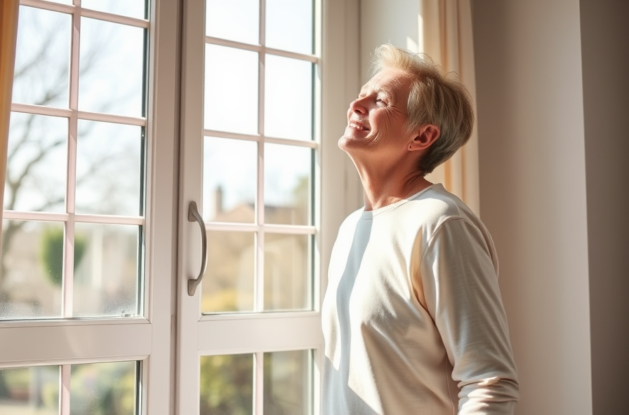 person smiling and breathing fresh air by open window