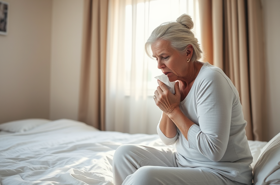 pale woman sits on bed coughing into tissue in dim light
