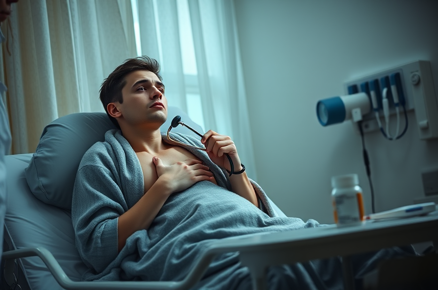 young man in blanket breathes as clinician listens to lungs