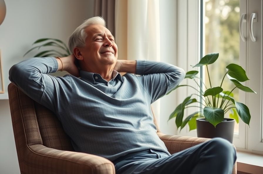 older man smiles in armchair breathing deeply by window