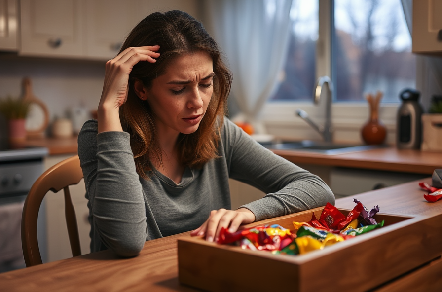 tired woman at table resisting colorful candy in kitchen