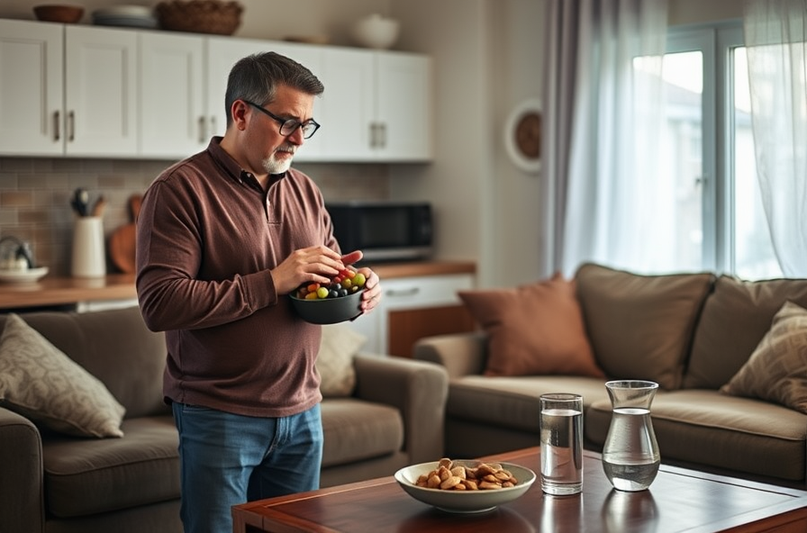 man with grapes and almonds choosing snacks near kitchen shelf