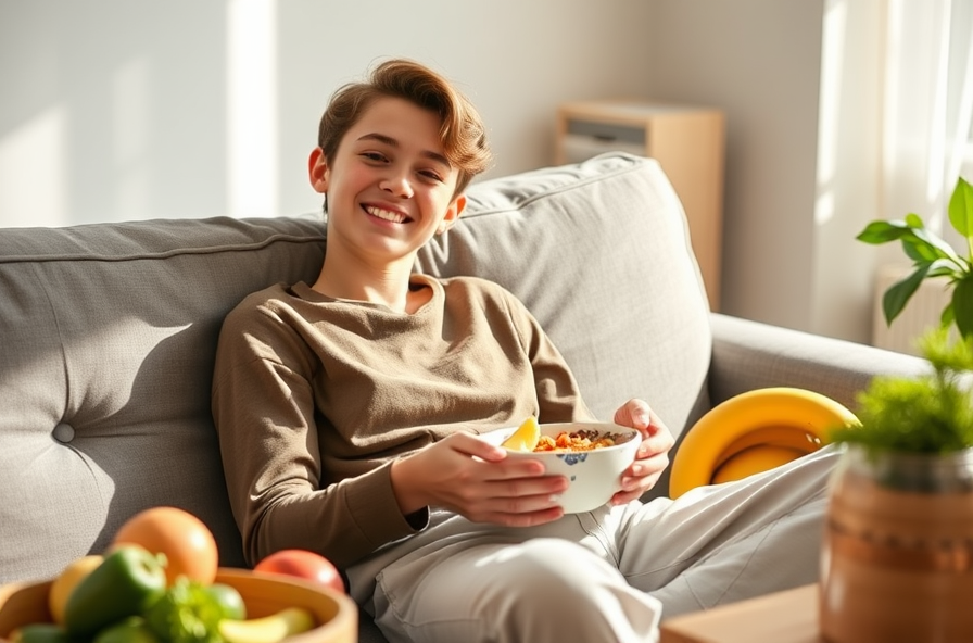 young person eating fruit and yogurt bowl in cozy home