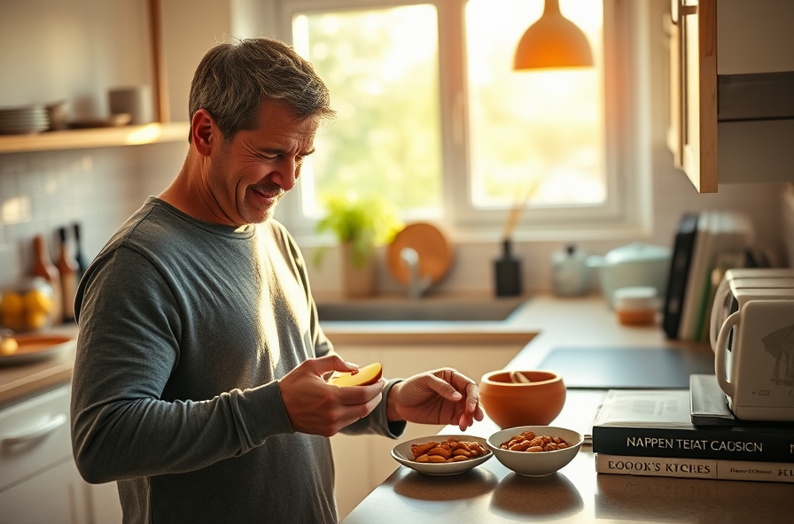 man slicing apple and nuts in sunny kitchen