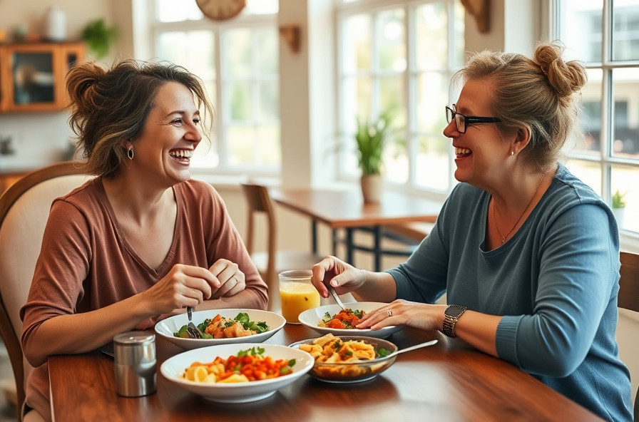 two women sharing colorful meal and laughing together