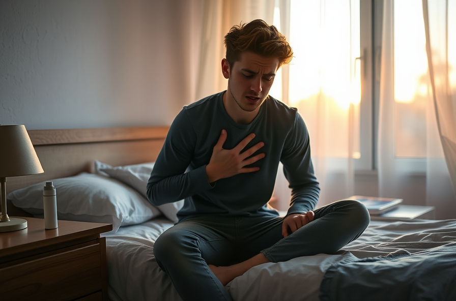 young adult holding chest reaching for inhaler at sunrise