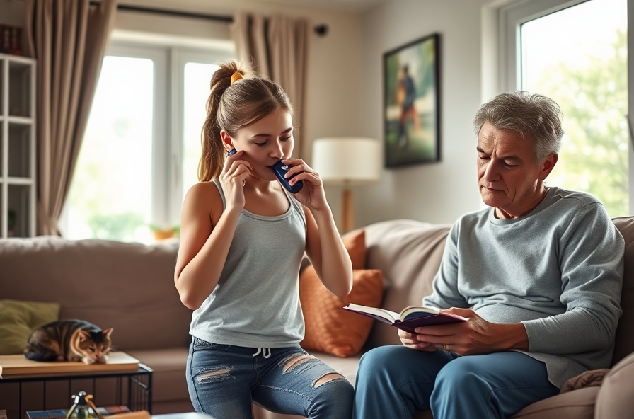 teen girl uses inhaler near open window with cat on sofa