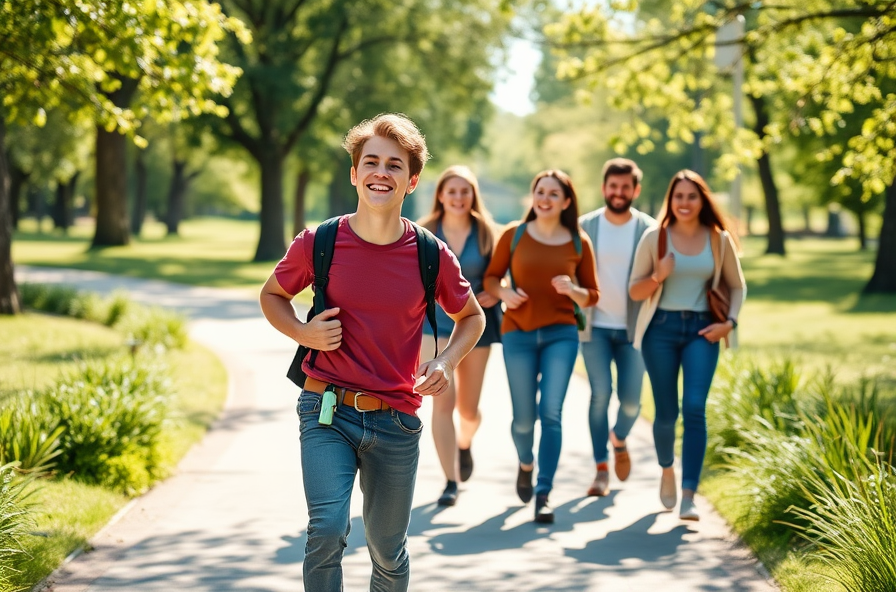 young man with inhaler belt smiling among friends in park