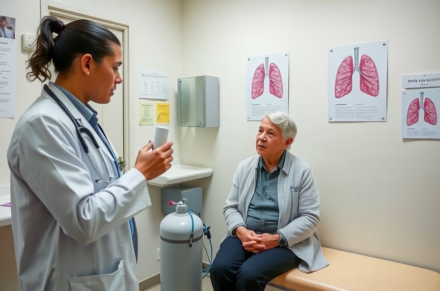 doctor teaching patient inhaler use in clinic exam room