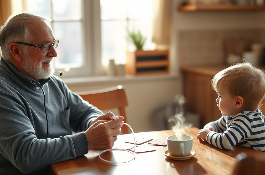grandfather and child playing cards with oxygen tubing nearby