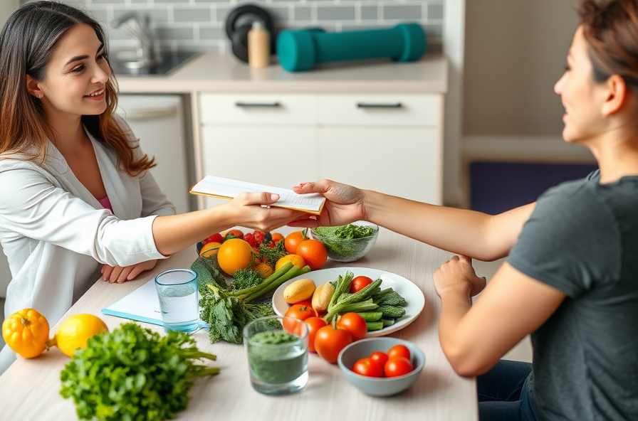 nutritionist handing notebook at table with vegetables