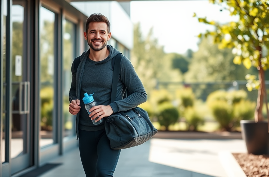 smiling person leaving gym with duffel bag outdoors