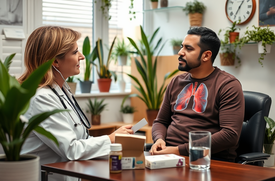 doctor listens to patient lungs in cozy clinic room