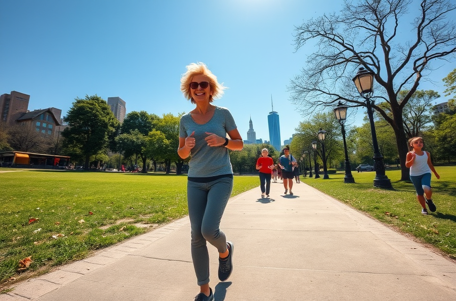person walks smiling in sunny city park with others
