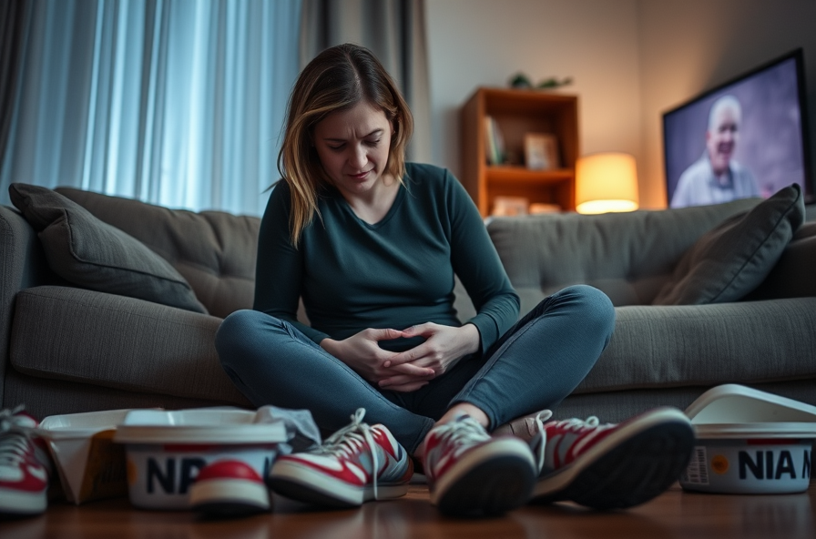 tired woman on couch looking at running shoes in dim light