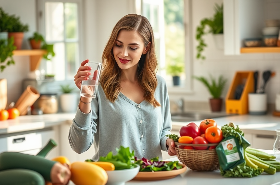 woman in kitchen making salad with fresh vegetables in sunlight