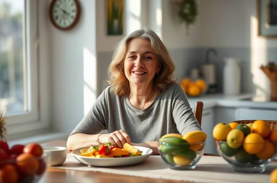 woman smiling at kitchen table eating healthy meal in morning