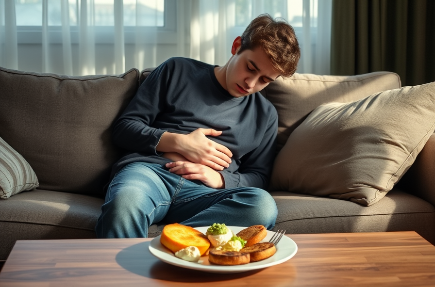 young adult on couch holding stomach with breakfast nearby