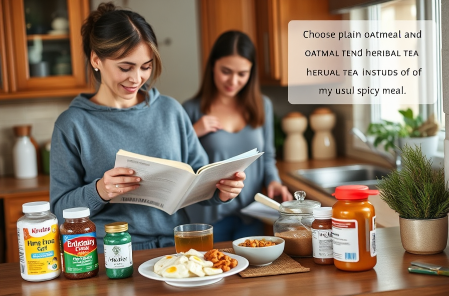 person choosing plain oatmeal and tea while viewing food diary