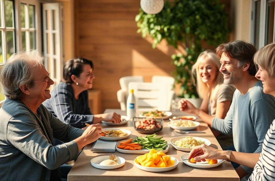 relaxed person smiling with friends at sunny table eating