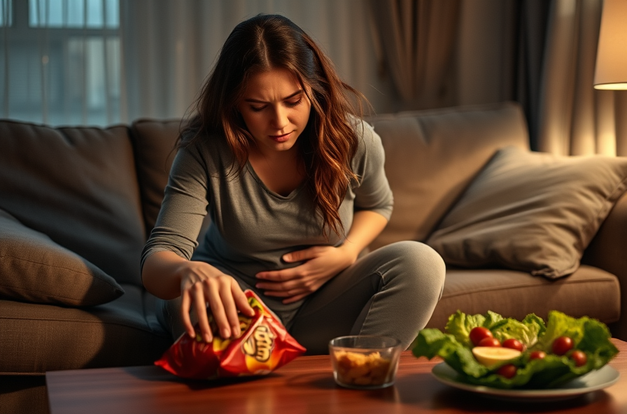 woman hunched on sofa holding stomach reaching for chips