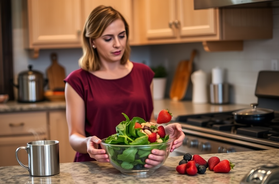 woman at kitchen counter preparing spinach beans and berries