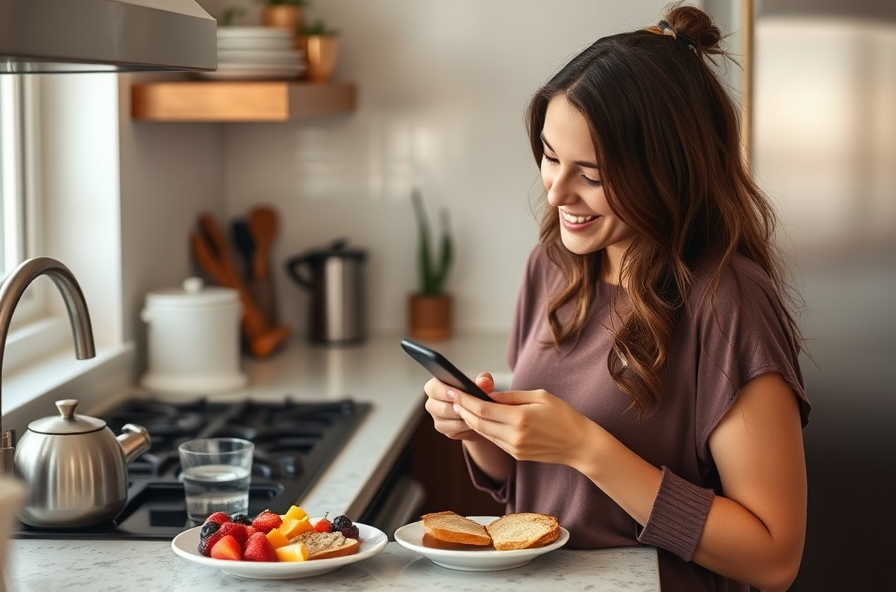 woman smiling writing on phone eating fruit and toast