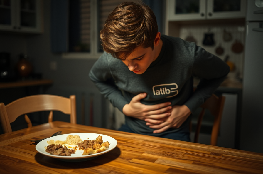young adult holding stomach at kitchen table