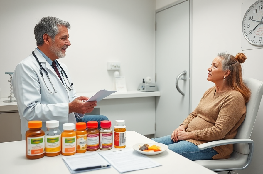 doctor talks to patient near medicine and food list