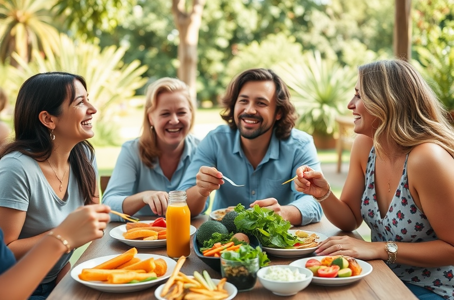 happy friends eat healthy food at outdoor table