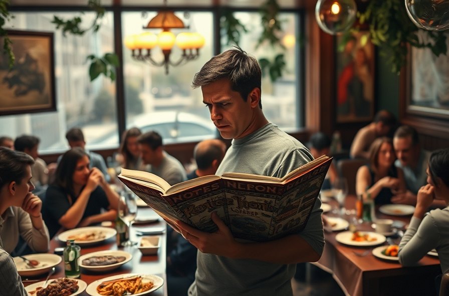 person standing and frowning over a menu in a busy restaurant