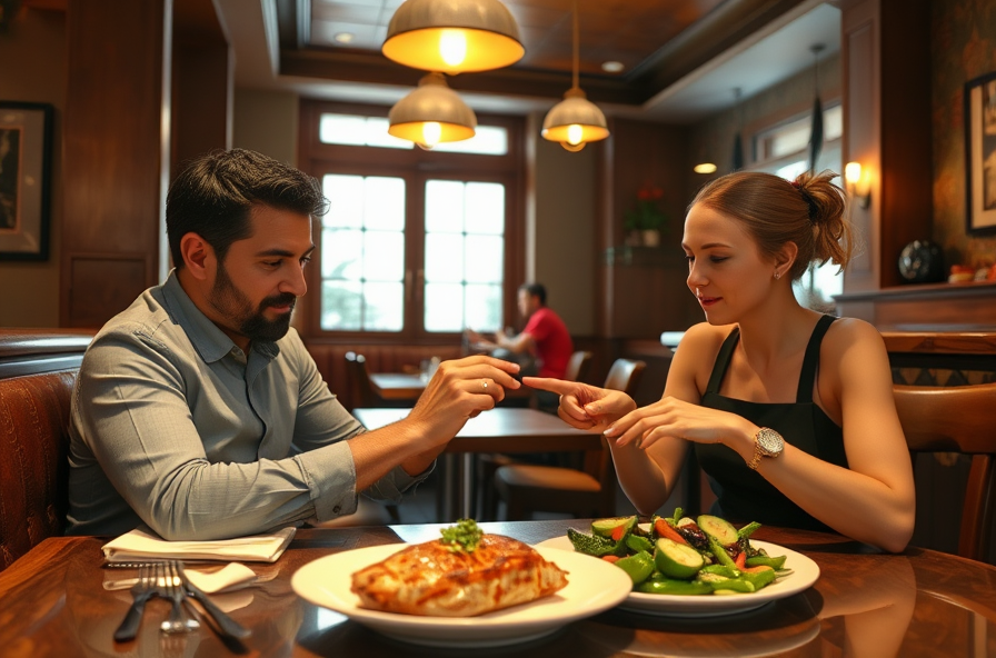 person listening to server while looking at fish and vegetables