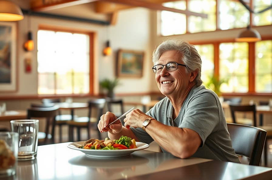 diner leaning back smiling after finishing a healthy meal