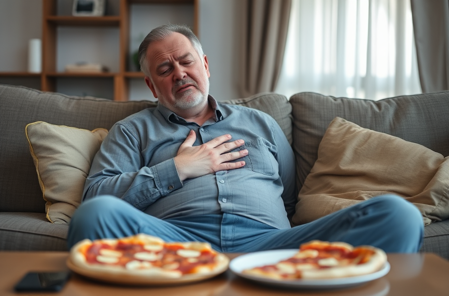 man sits on couch holding his chest with visible discomfort