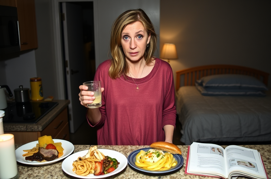 woman in kitchen holds water and antacid near food and bed