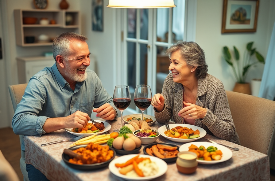 relaxed couple eats dinner smiling together at home table