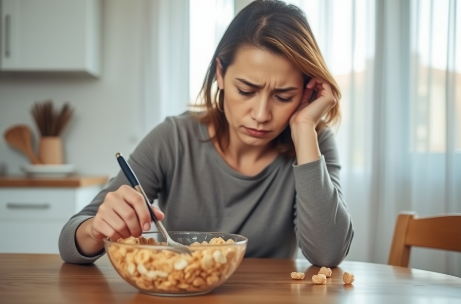 tired woman at kitchen table reaching for a snack