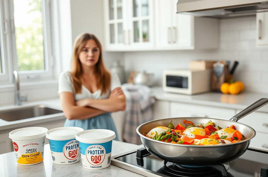 woman watches friend cook eggs and veggies in bright kitchen