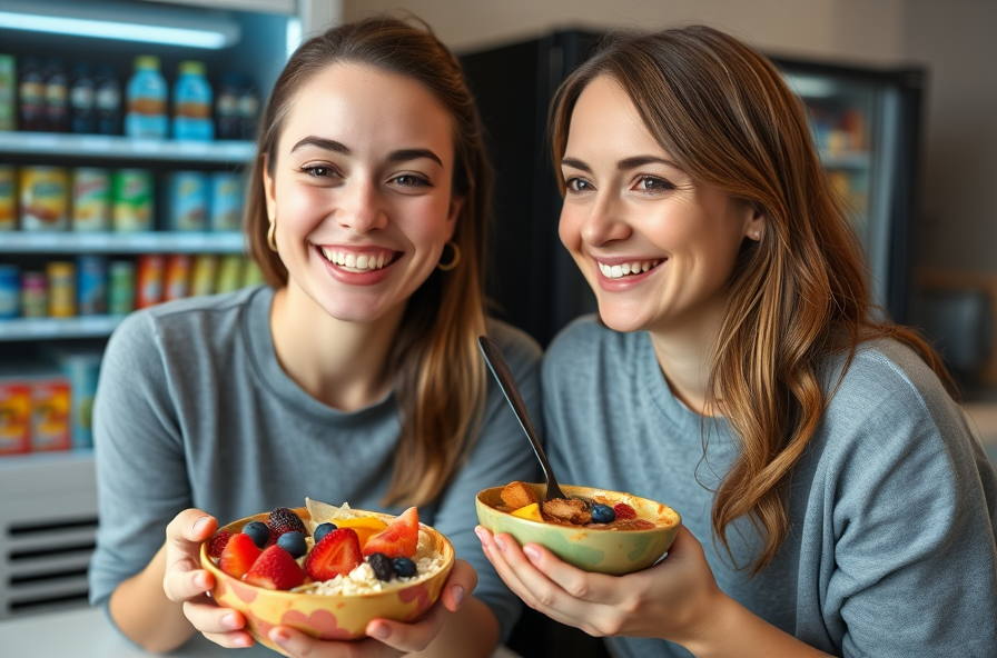 relaxed woman enjoys fruity breakfast bowl by vending machine