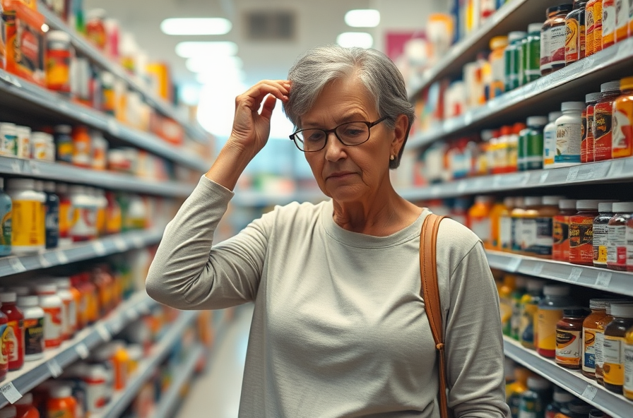 woman in pharmacy aisle looking tired and overwhelmed