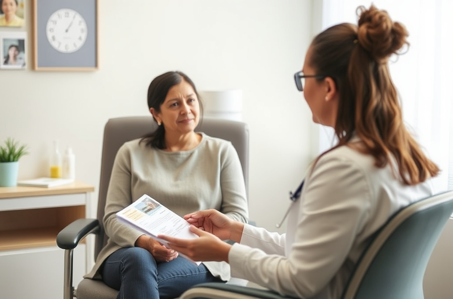 woman talking to doctor in sunlit office while listening