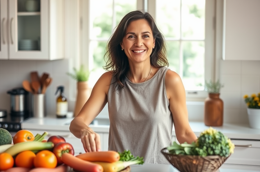 woman smiling in kitchen preparing healthy meal with produce