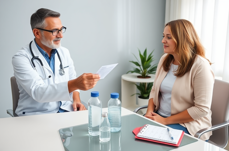 doctor gives prescription to patient in clinic room