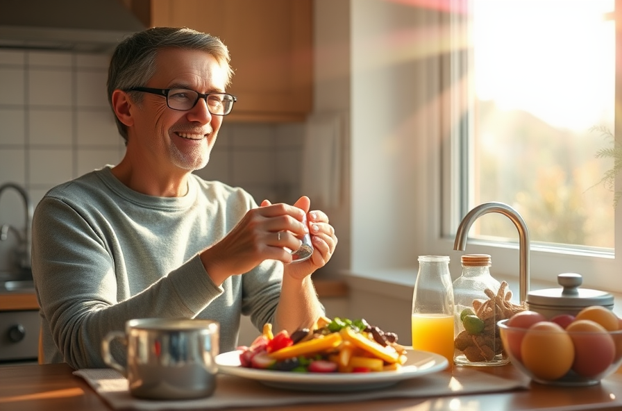 person eats healthy breakfast by sunlit kitchen window