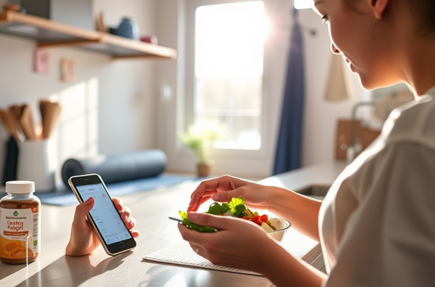 person preparing healthy meal with yoga mat and probiotics nearby